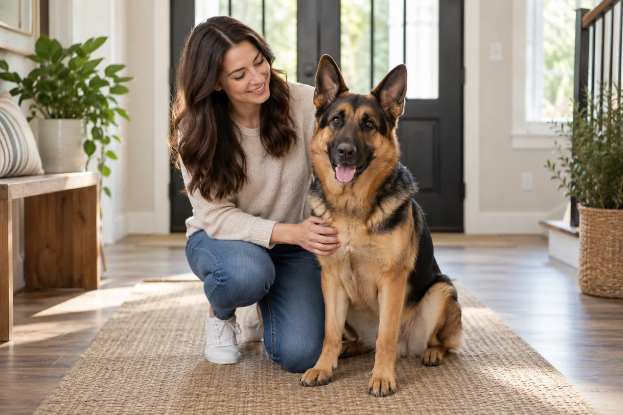 Owner beside a large dog at home
